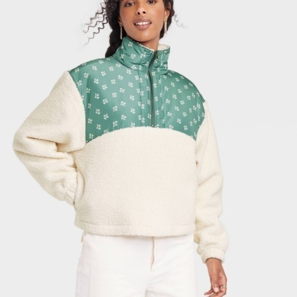 NEW Colorblock Quarter-zip Faux Shearling sweatshirt, size XL